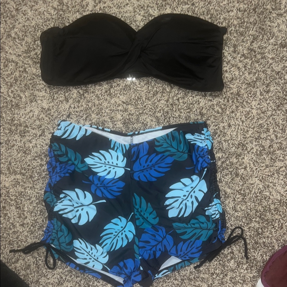 Black Bandeau Bathing Suit with Blue Leaf Print Bottoms